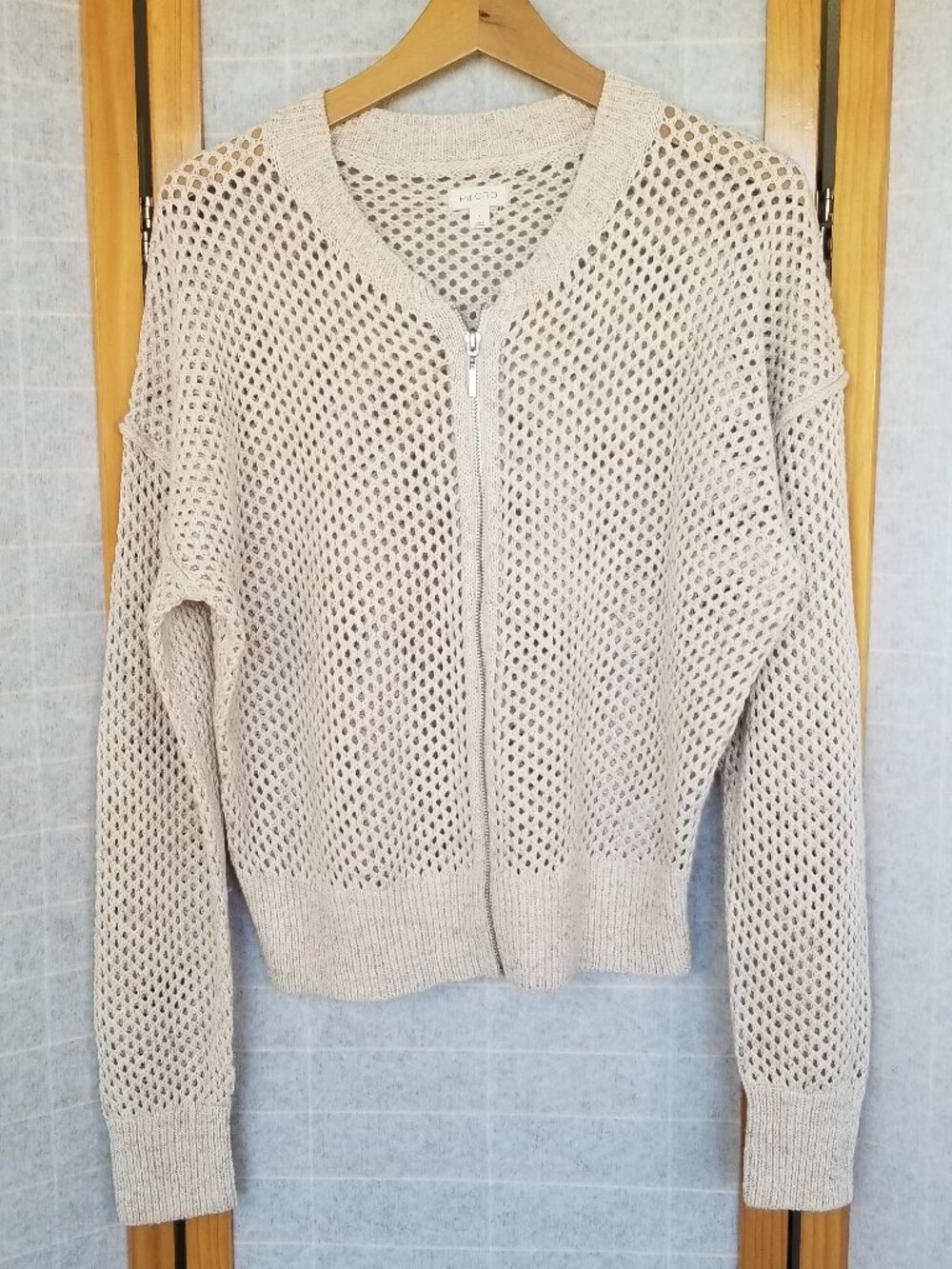 Pilcro Juniper Open-Knit Bomber Cardigan Sweater Zip Up Oatmeal Large